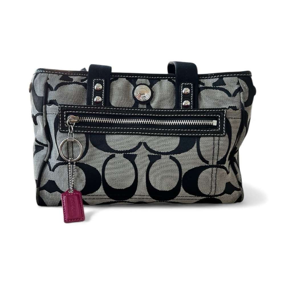 Coach F14877 Signature Black Gray C Jacquard Purse Patent Leather & Dust Bag